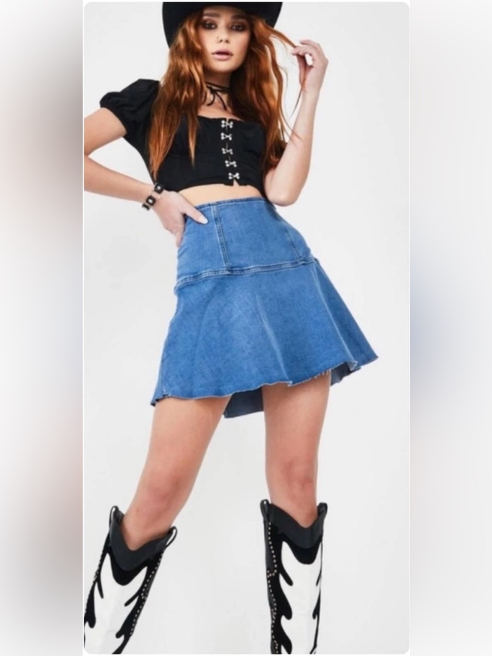 Free People We The Free Blue Denim Raw Hem Stretch Skirt
